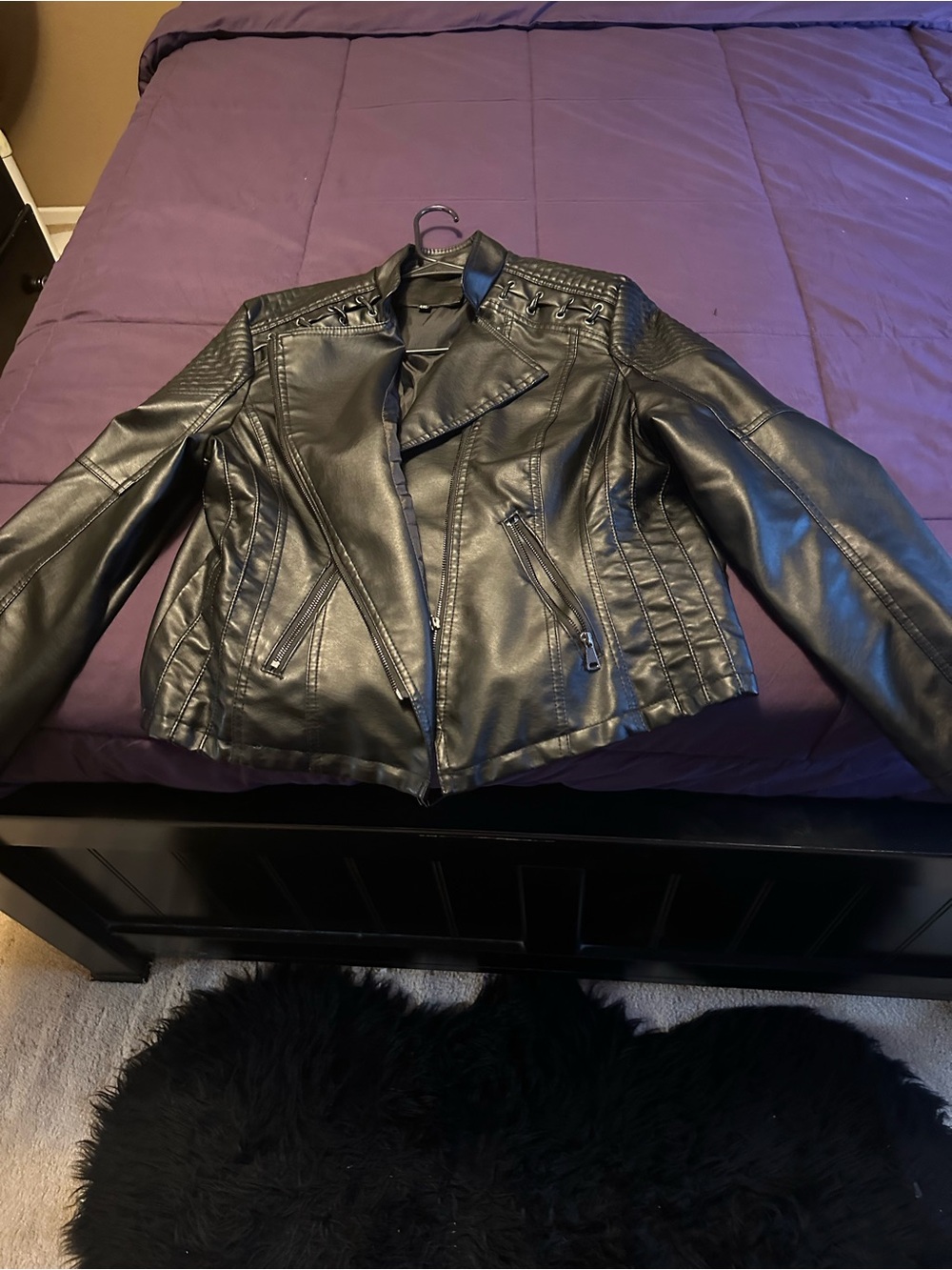 Women's Black Faux Leather Moto Jacket with Quilted Detail